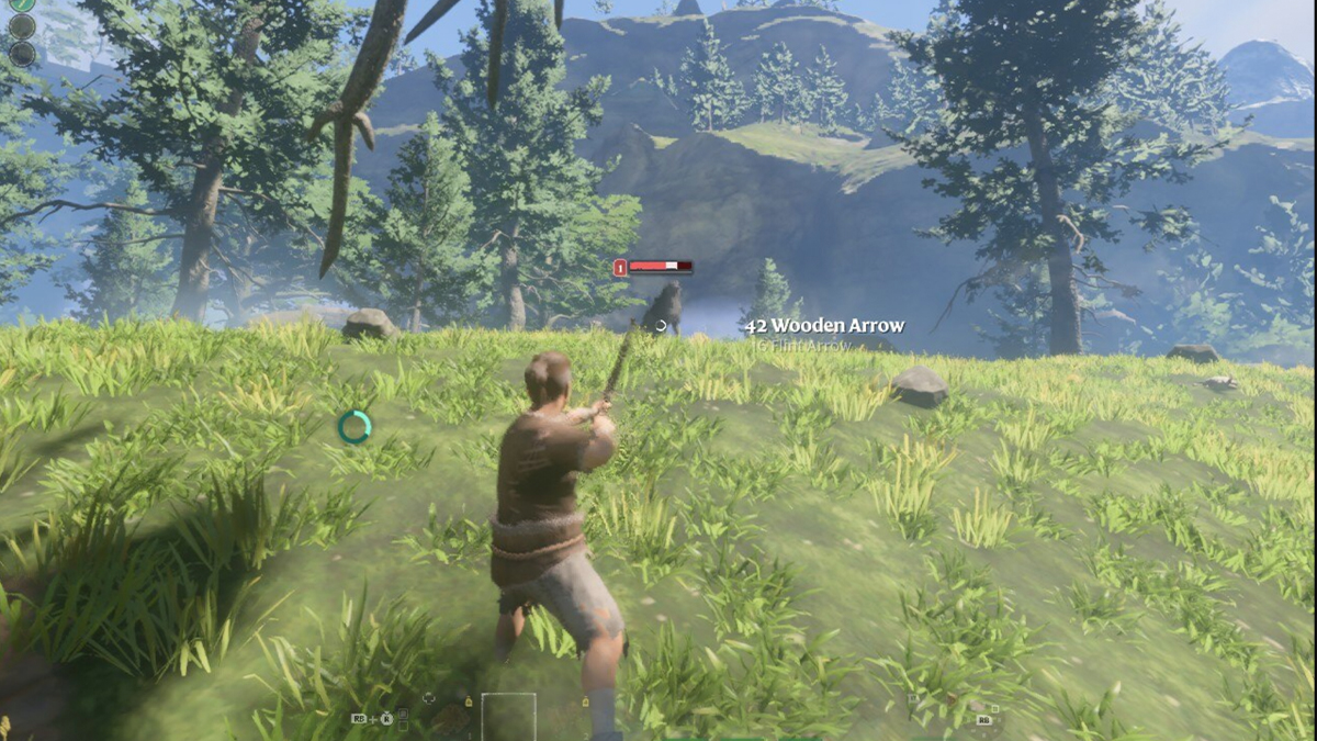 Player shooting a wolf in a forest