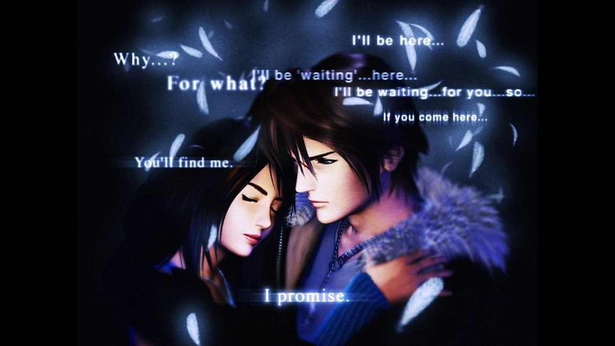 Image of Squall and Rinoa with the opening lines.