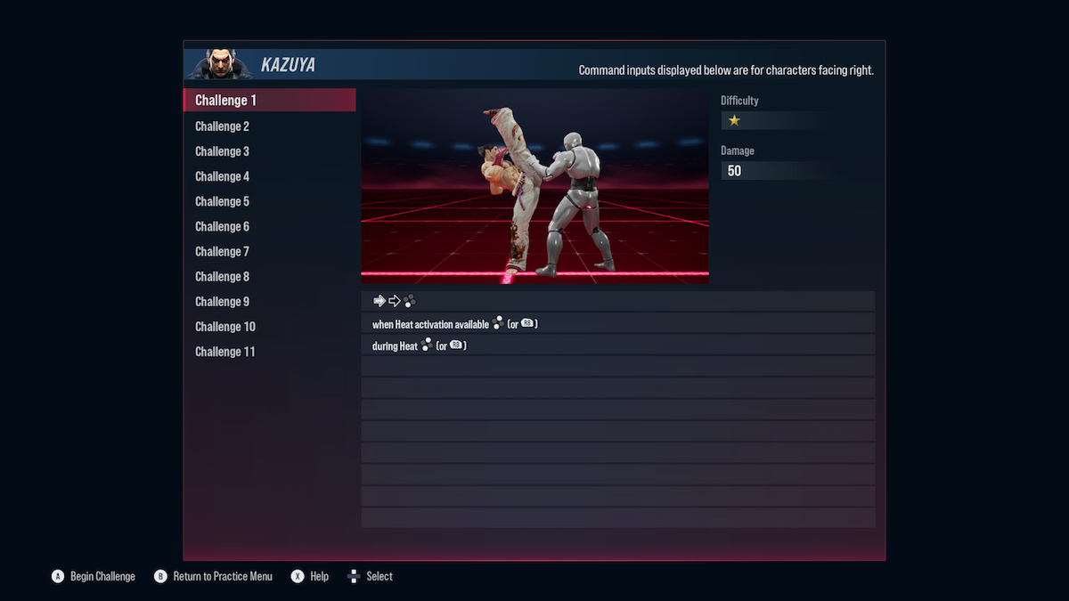 The Combo Challenges screen for Kazuya.