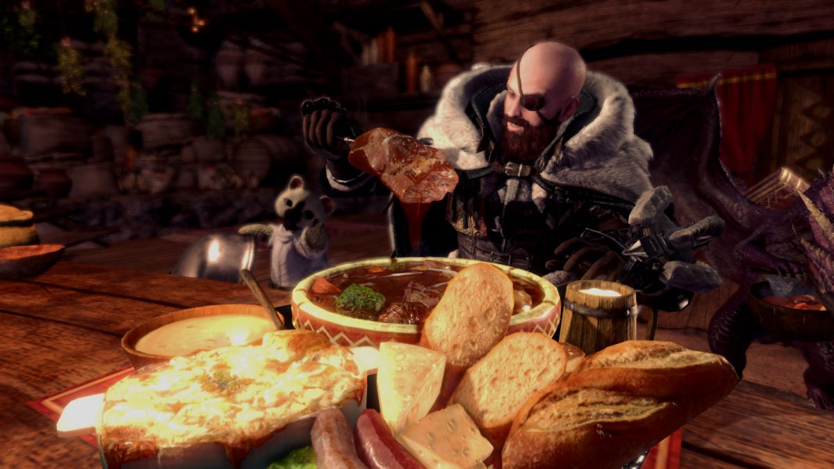 Eating a meal without a helmet in MHW.