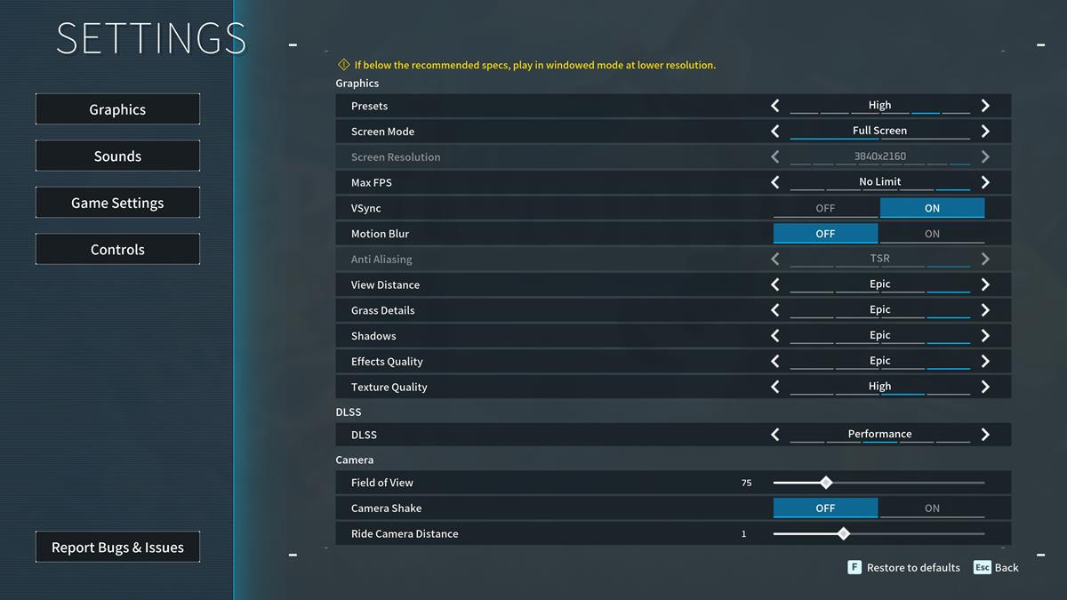 Palworld PC performance settings menu.