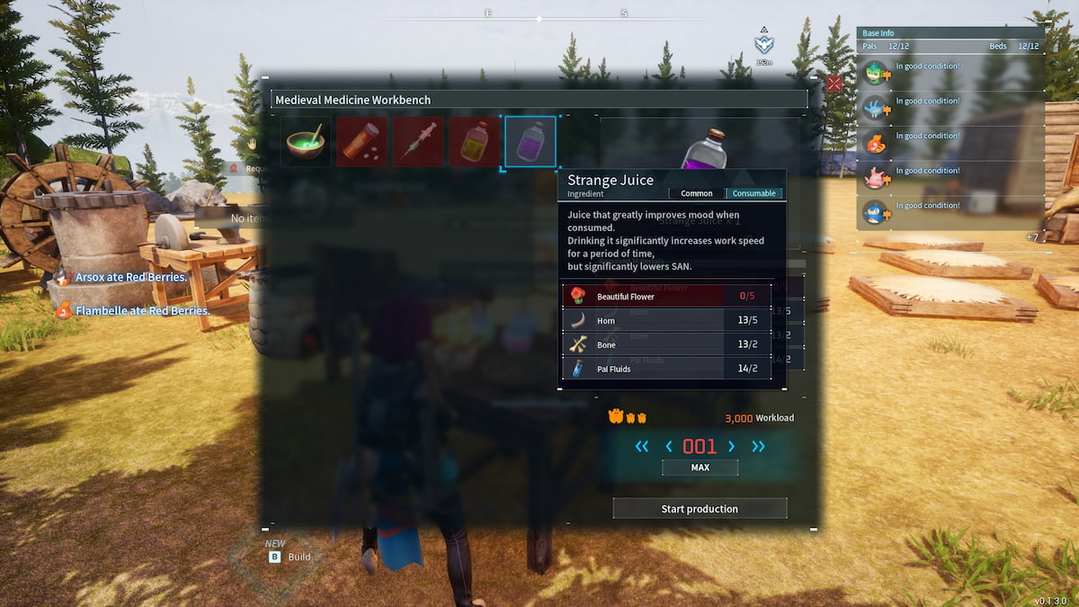 Palworld Medicine Workbench UI showing recipes