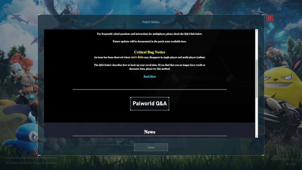 Palworld Critical Bug notice