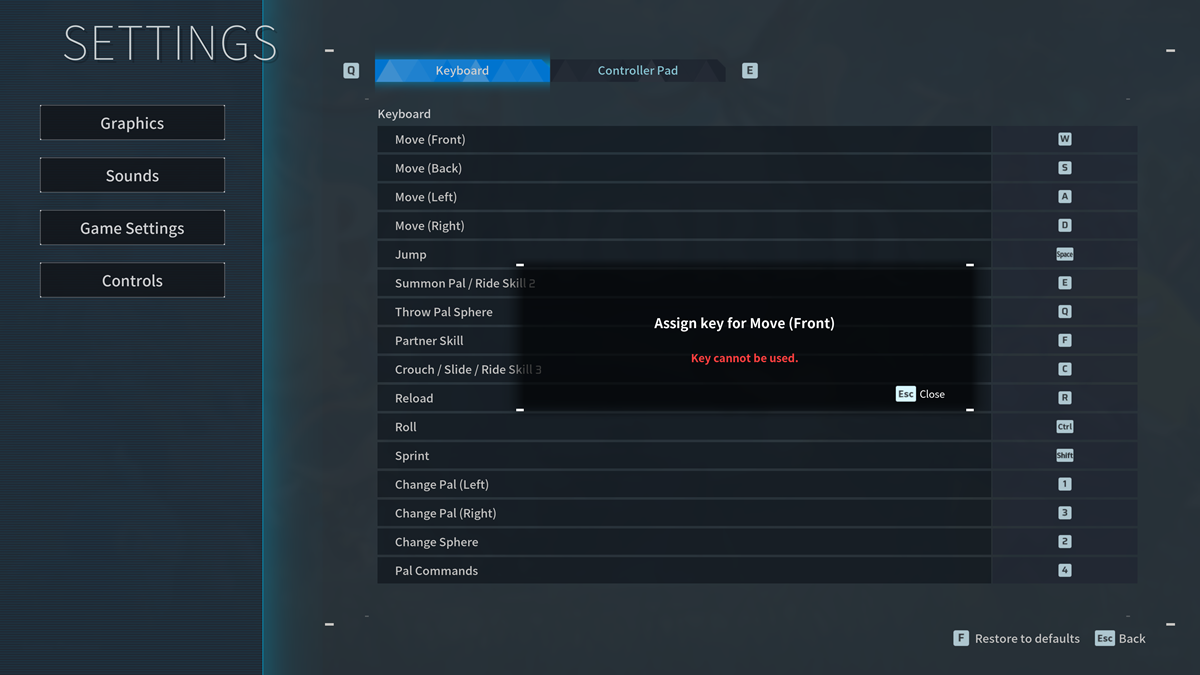 The Palworld controls menu showing keybinds and button inputs.