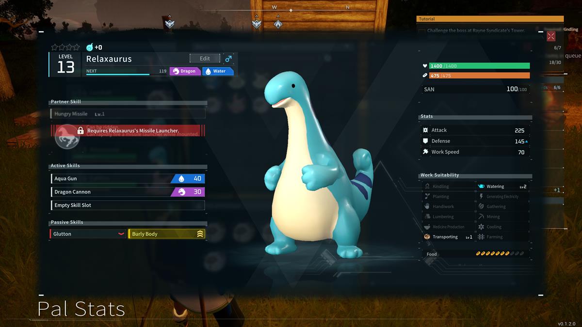 A screen showing the work suitability for a Relaxaurus Pal in Palworld.