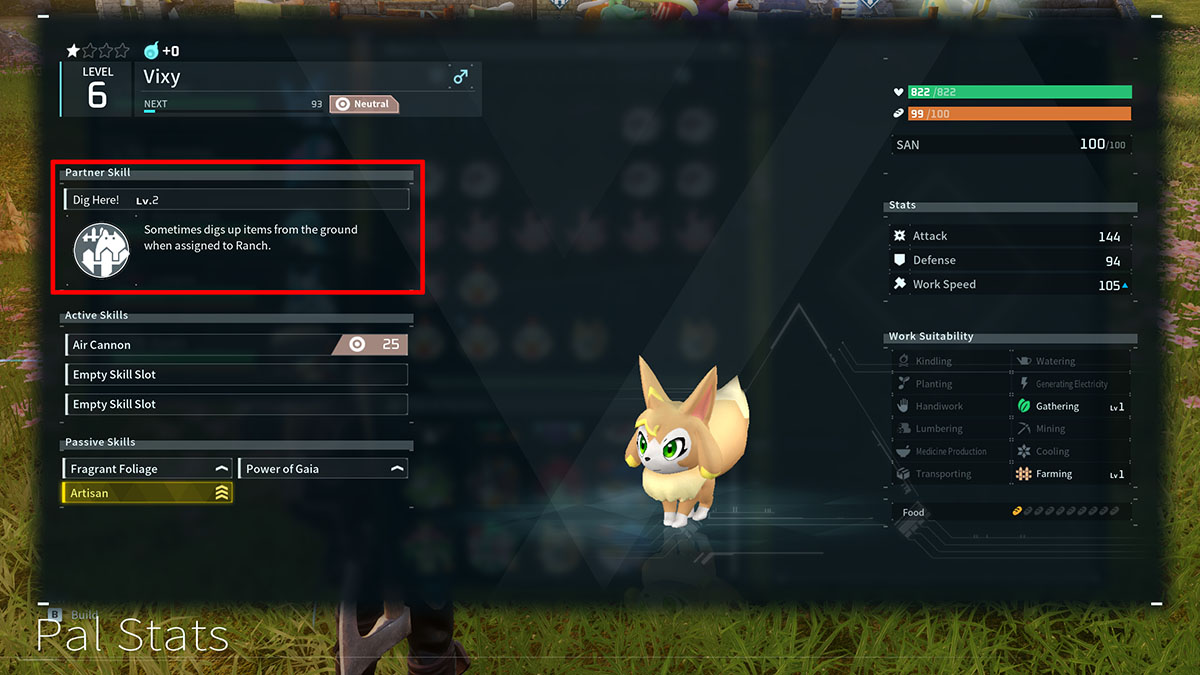 The Vixy Pal's Partner Skill screen in Palworld