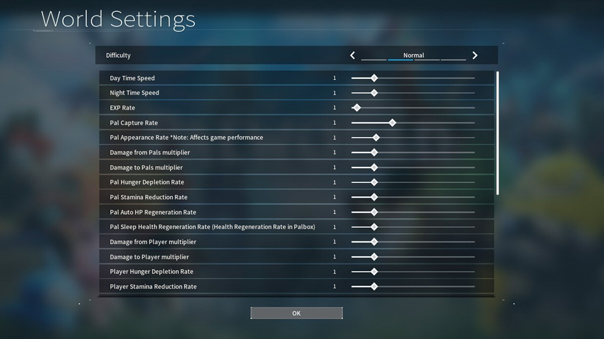 world setting menu in Palworld