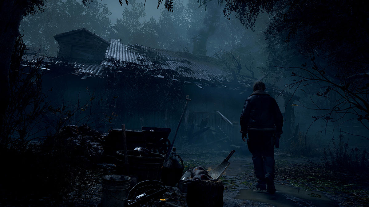 Leon approaching a decrepit shack in the middle of a dark wood