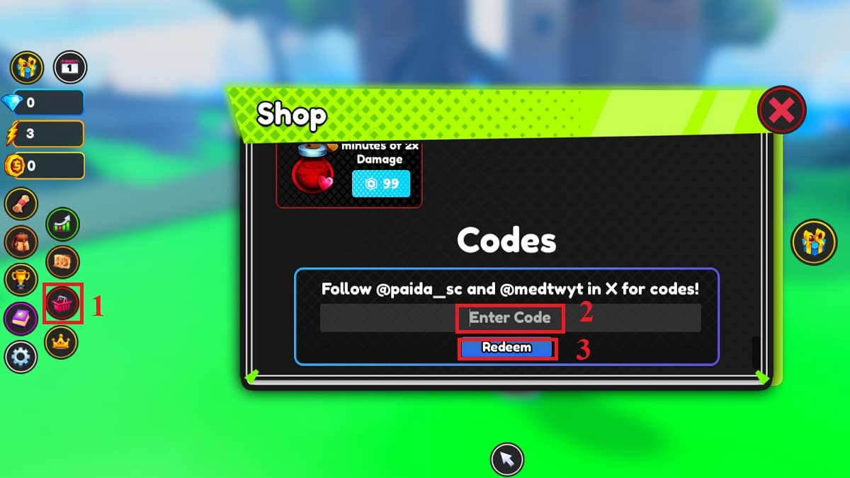 Shop menu with a code option