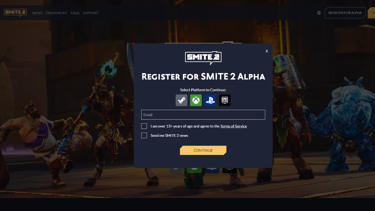 The Smite 2 alpha playtetst sign-up pop-up box with email field on the game's website.