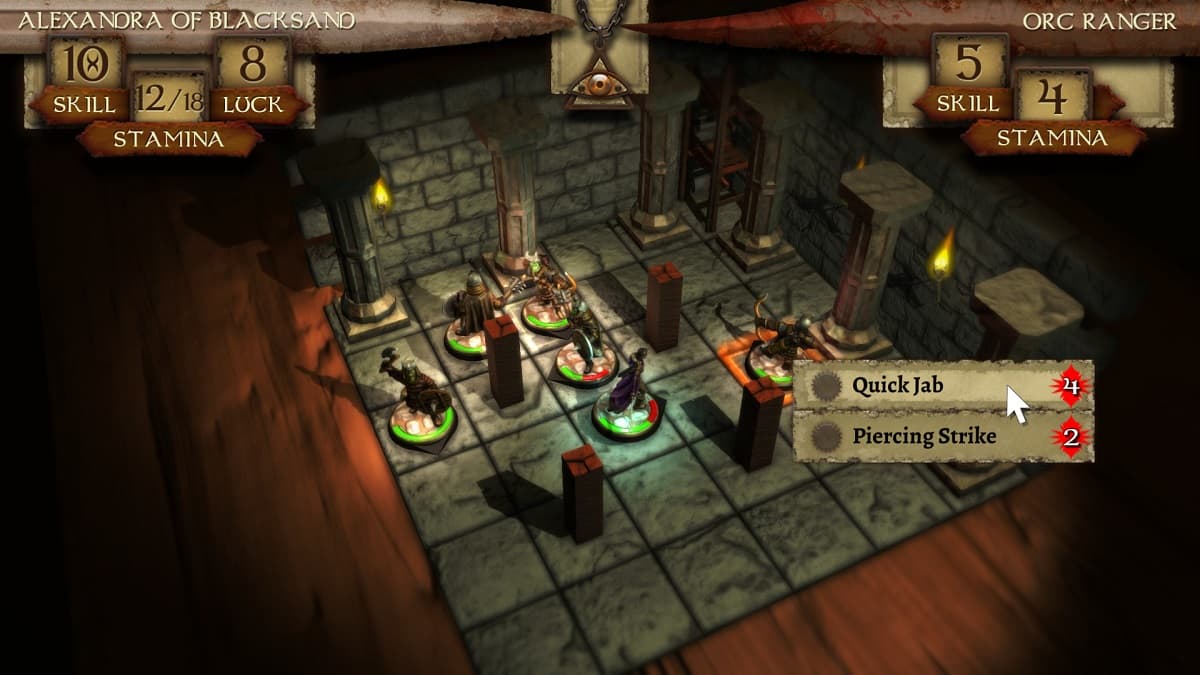 Combat options in-game in a dungeon with a chessboard like floor