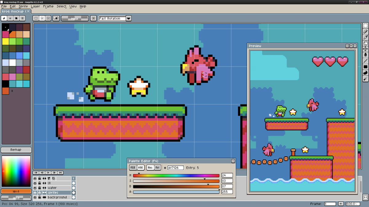 A promo image for Aesprite, showing cute sprites of a small alligator and a bird.