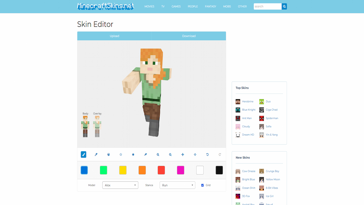 A model of Alex posing on the Minecraftskins.net editor.