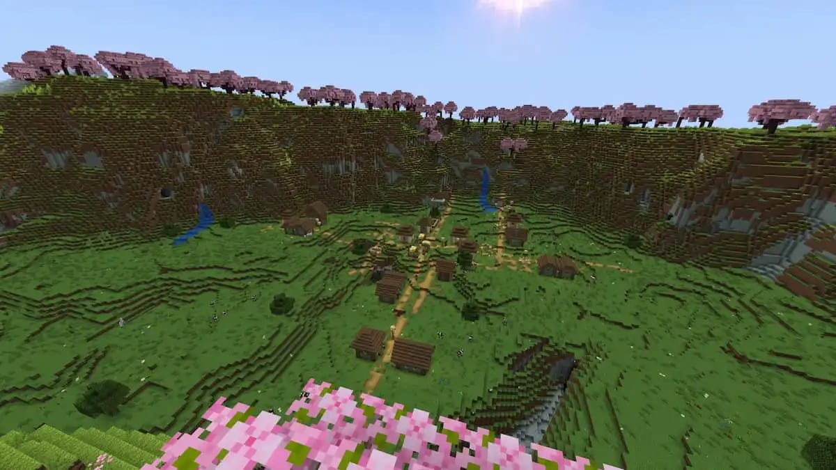 Cherry grove and village in Minecraft