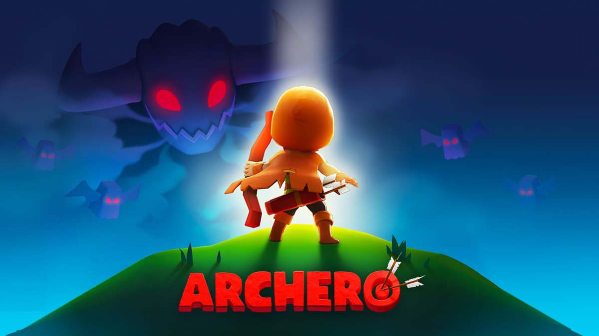 Archero character stands on top of the hill facing a giant enemy