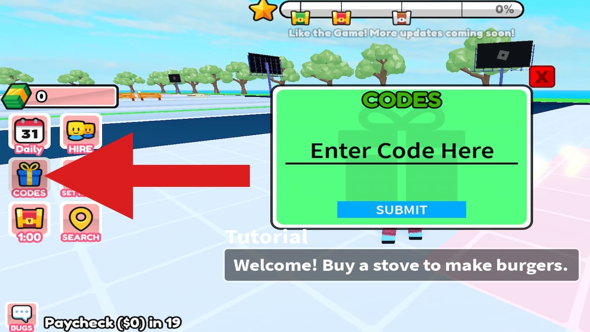 How to redeem codes in Burger Store Tycoon