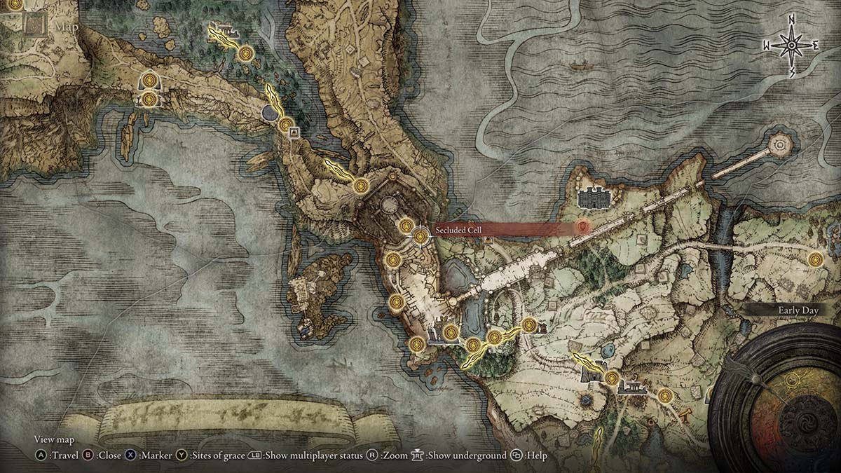 The map of the Secluded Cell Site of Grace in Elden Ring