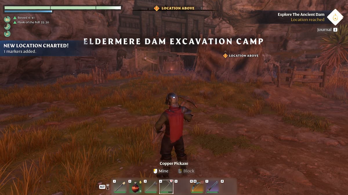 Character entering Eldermere Dam Excavation Camp in the Kindlewastes.