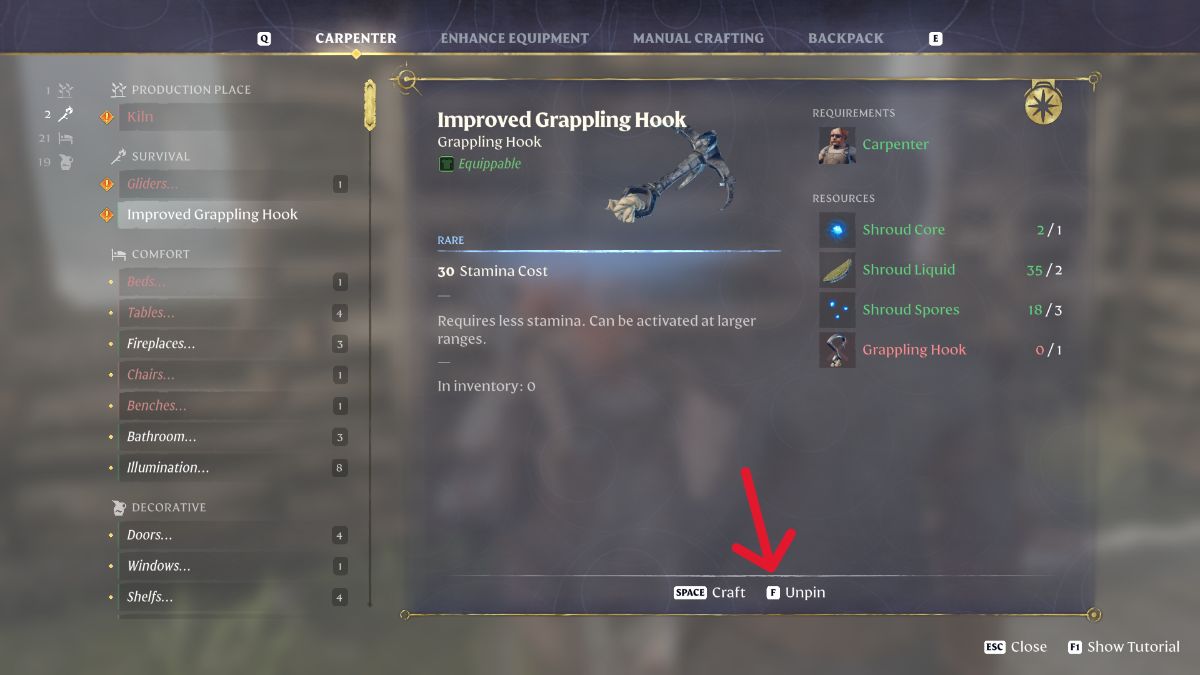 Enshrouded crafting menu with arrow pointing at how to unpin recipe.