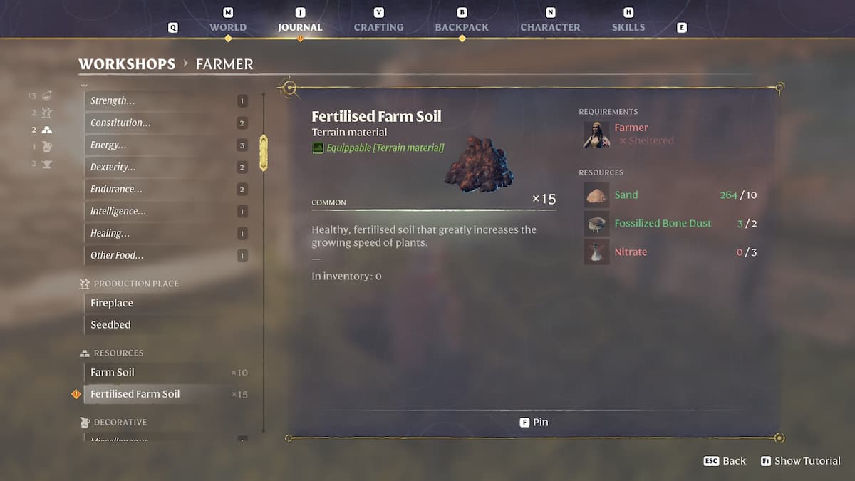 Fertilised Farm Soil crafting recipe.