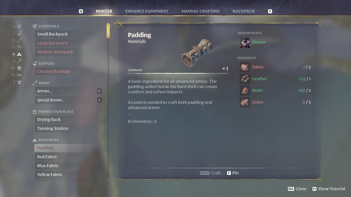 Padding Hunter crafting recipe.