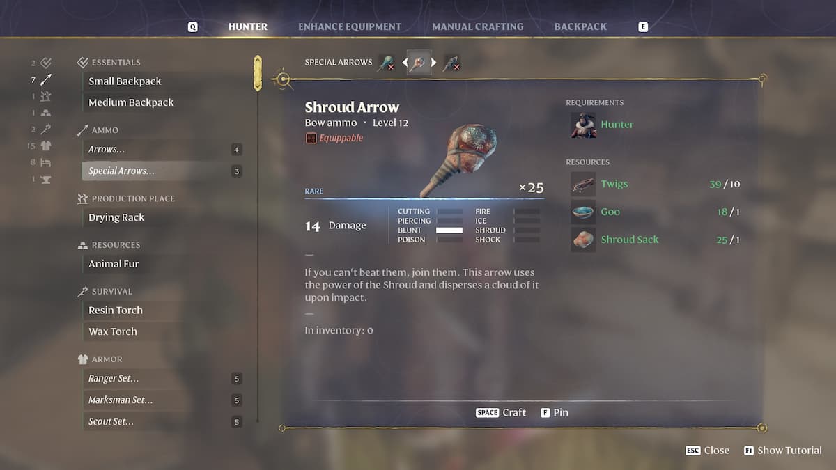 Shroud Arrows crafting recipe at the Hunter.