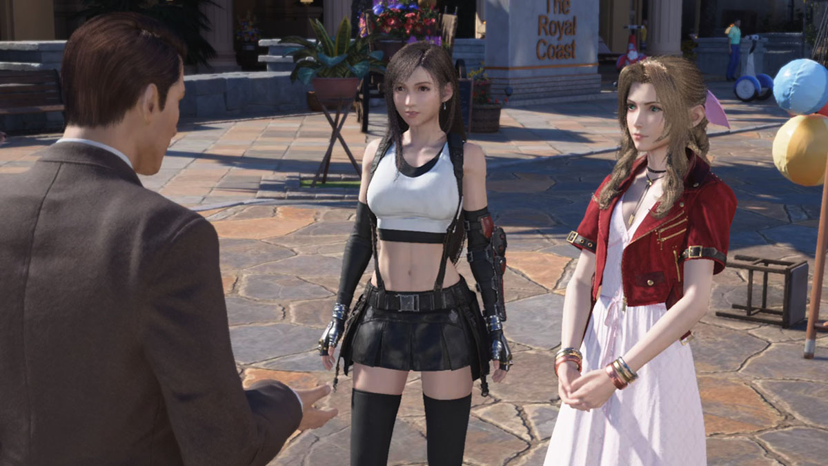 Tifa and Aerith talking to a cactuar lover in Final Fantasy VII Rebirth