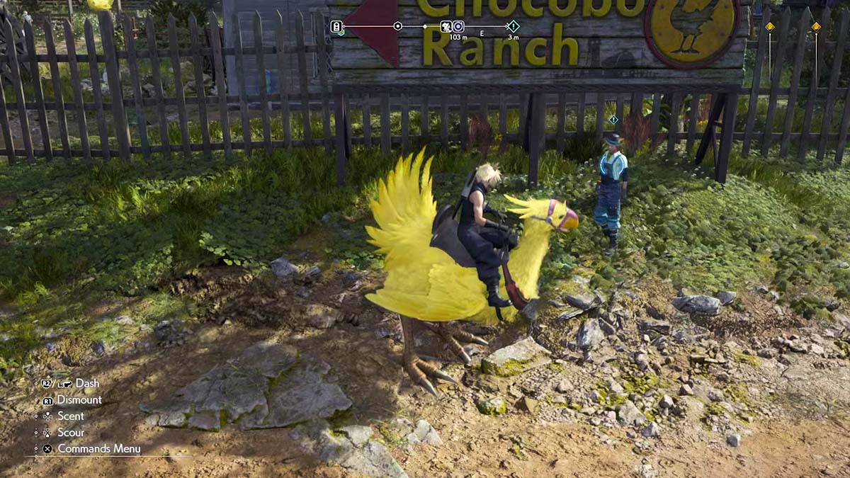 Cloud riding a Grasslands chocobo in Final Fantasy VII Rebirth