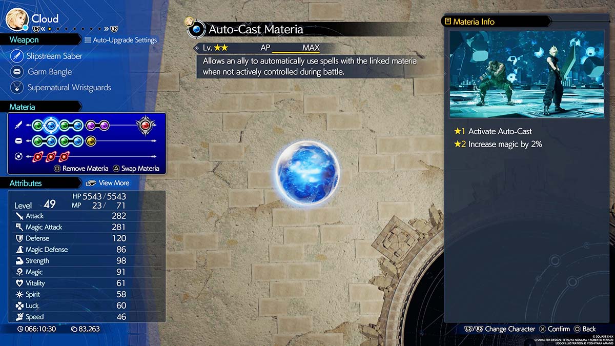 A materia combination menu in Final Fantasy VII: Rebirth