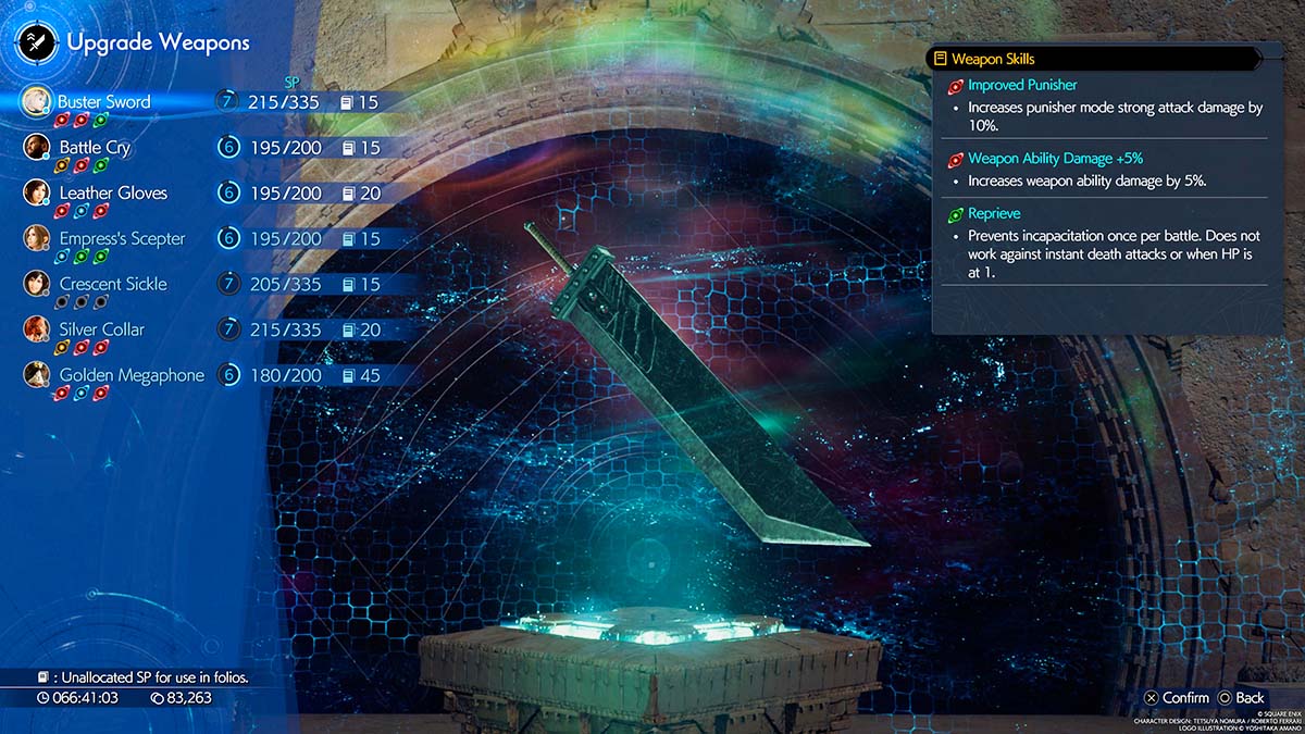 The weapon upgrade screen in Final Fantasy VII Rebirth