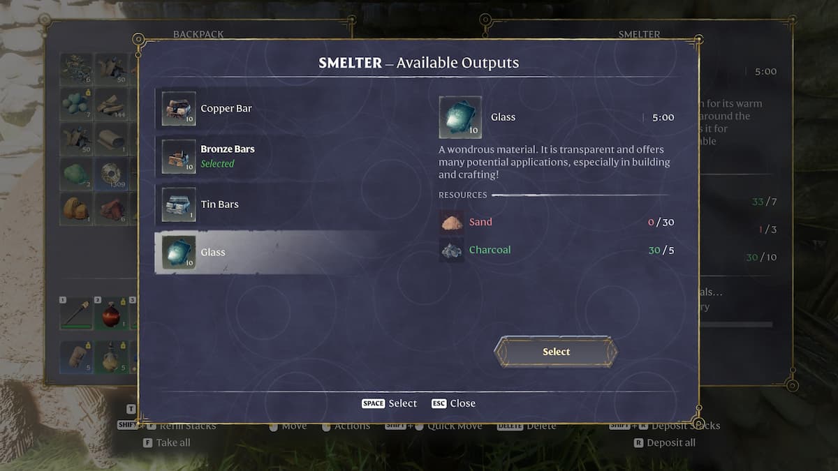 Glass crafting recipe at the Smelter.