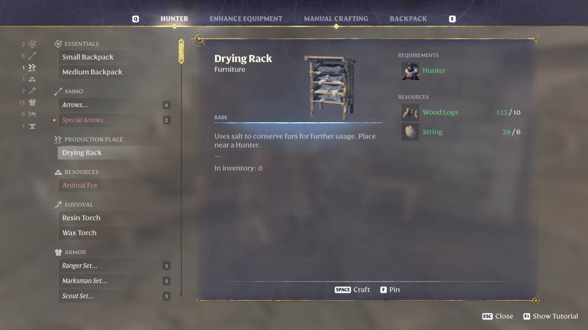 The Drying Rack crafting recipe in Enshrouded