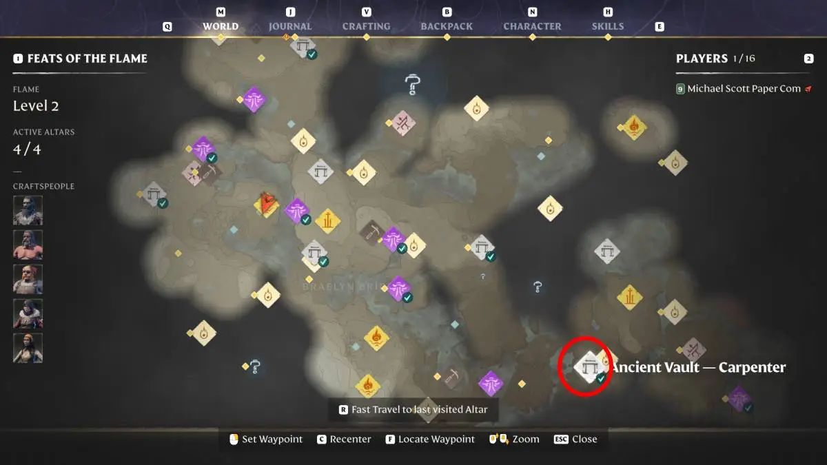 A map of the Carpenter Vault location in Enshrouded