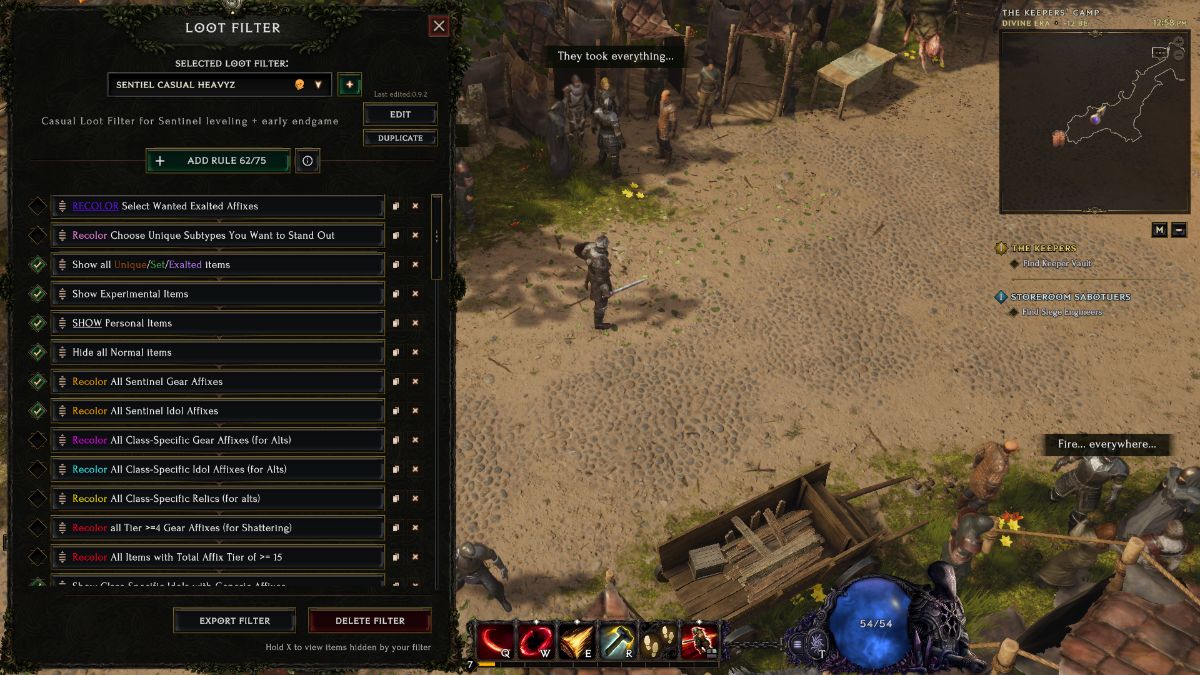 Heavy'z Loot filter view in Last Epoch.