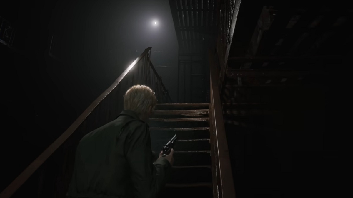 James climbing a fire escape with a pistol