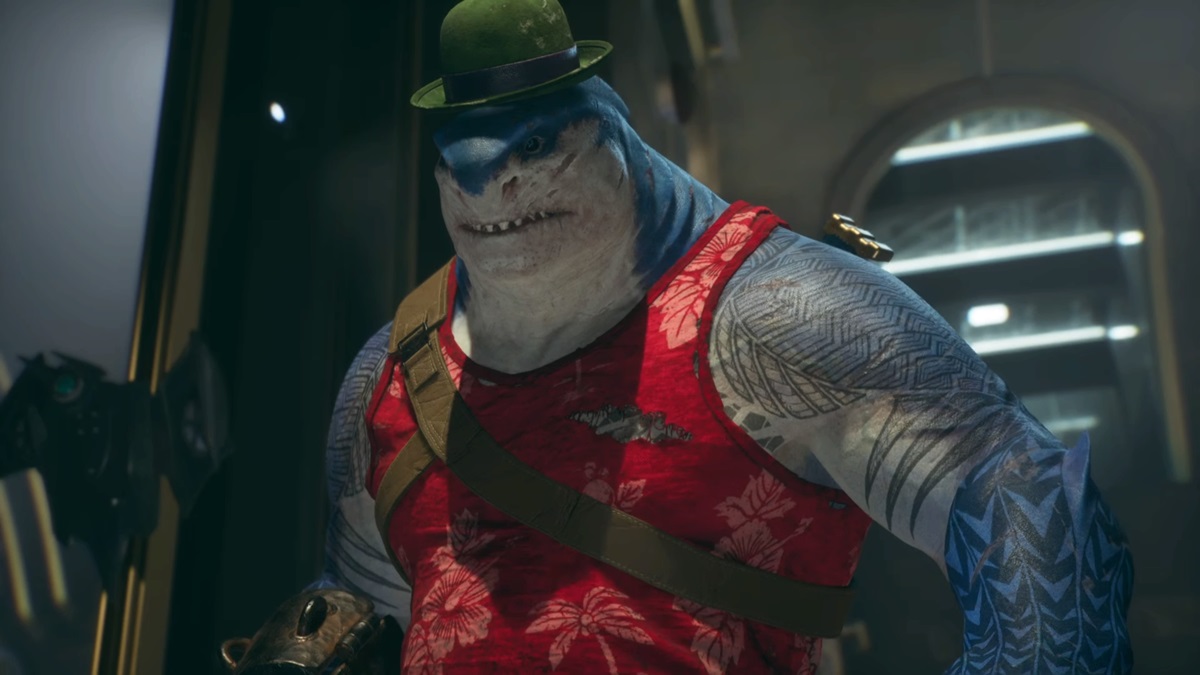 King Shark in a Hawaiian shirt wearing a green riddler hat.