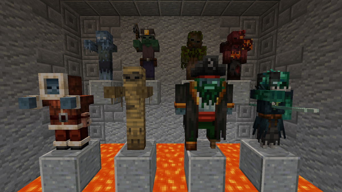 All eight of the main new zombie variants from the Rotten Creatures Minecraft mod.