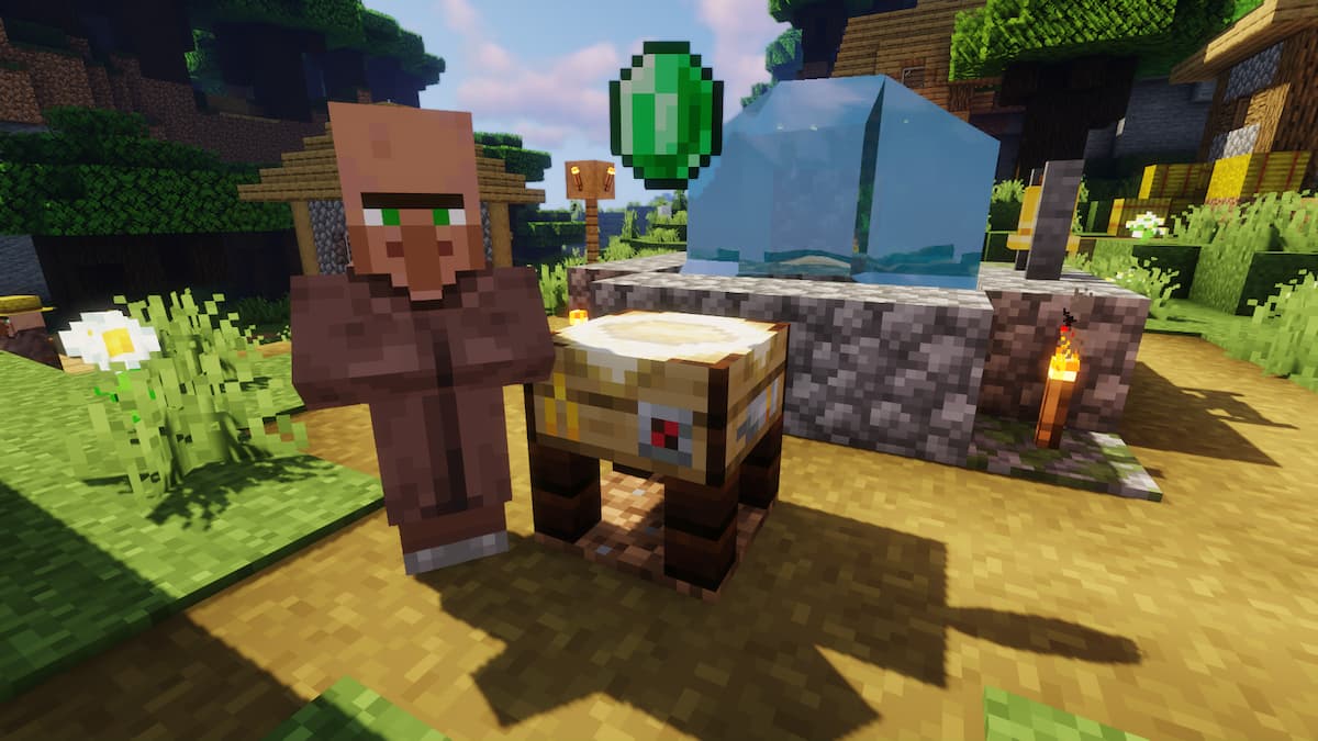 villager standing next to a trading post with an emerald