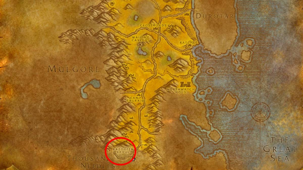 A map of the Barrens with RFK circled in WoW Classic