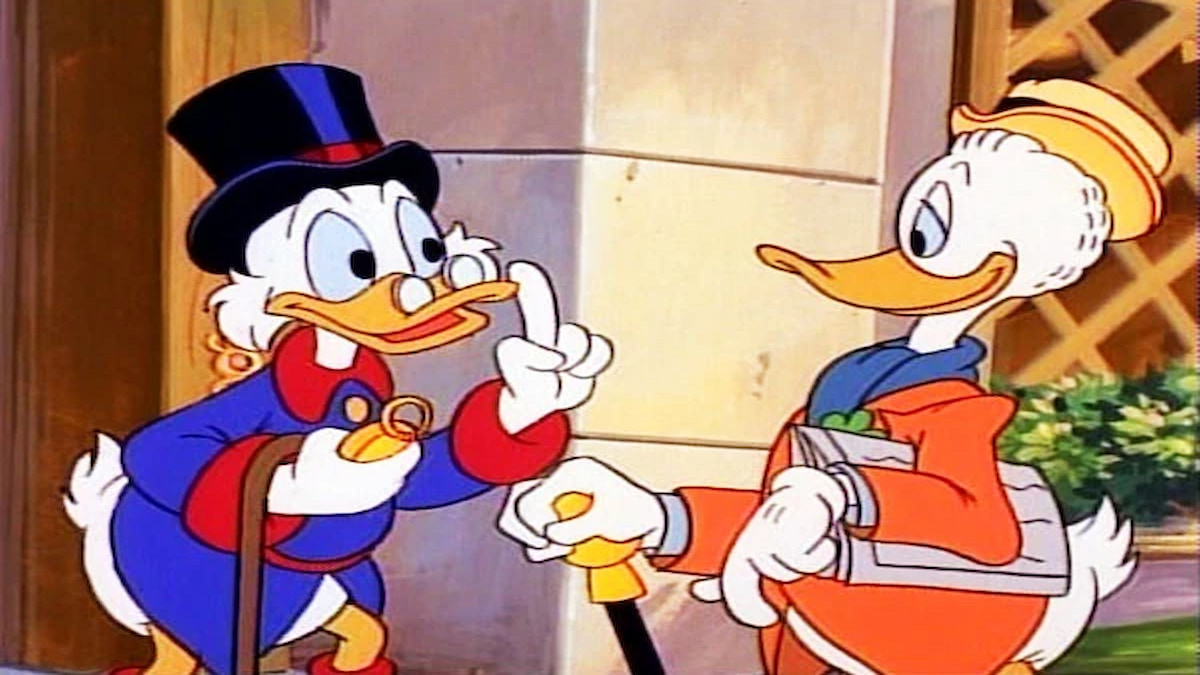 Scrooge McDuck and Gladstone Gander speaking