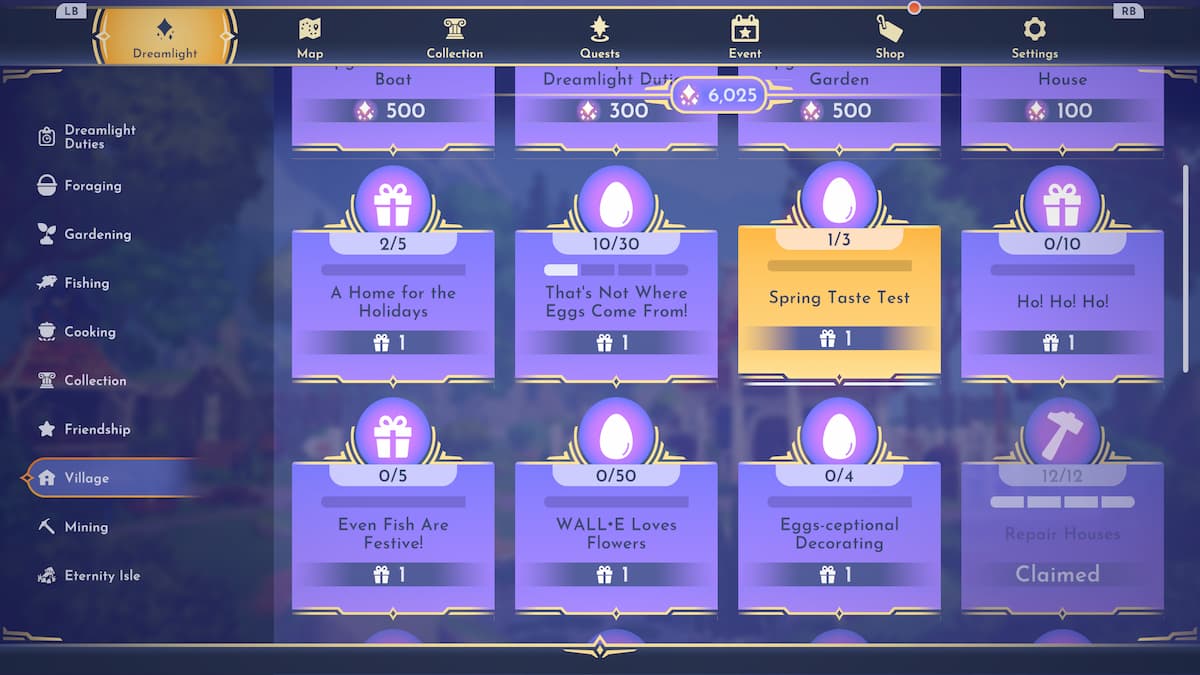 Dreamlight Duties menu under Village tab, seasonal duties for easter and christmas shown