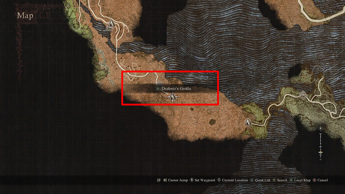 The location of Drabnir's Grotto in Dragon Dogma 2