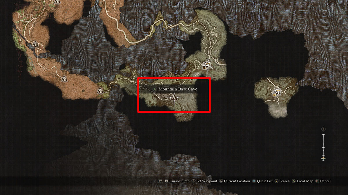 The location of Mountain Base Cave in Dragon Dogma 2