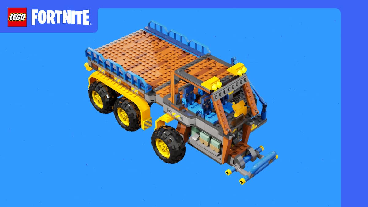 Large truck LEGO vehicle with six tires, and long trunk bed in the back