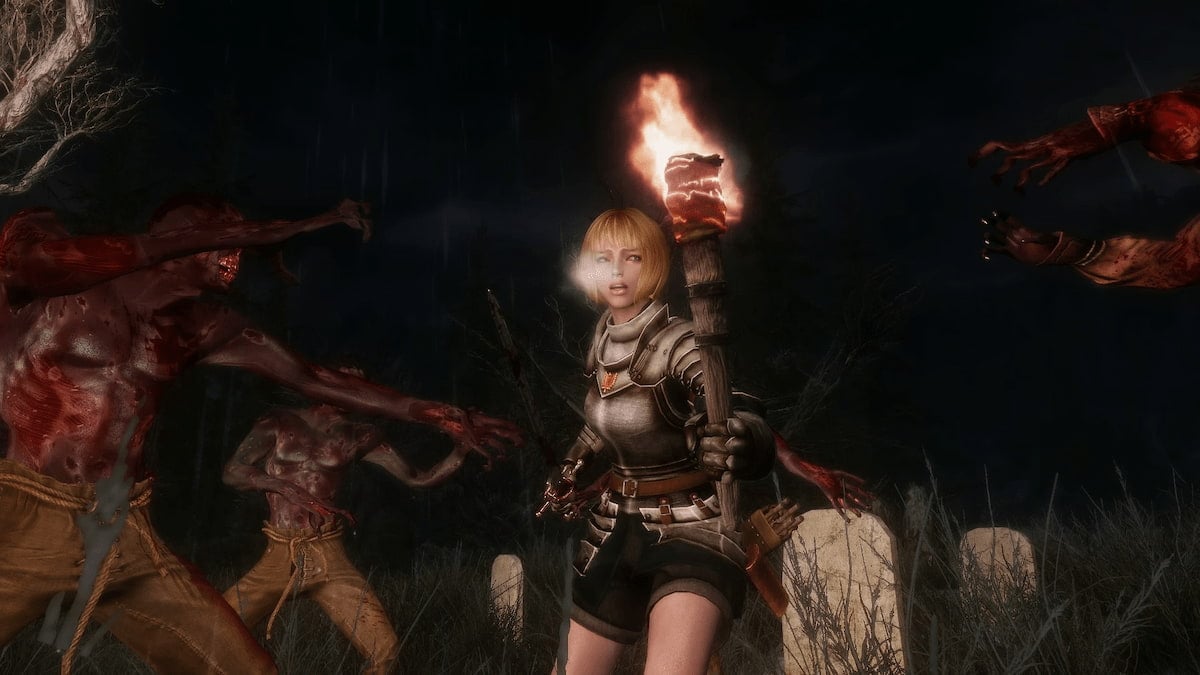 Player holding a torch being surrounded by zombies