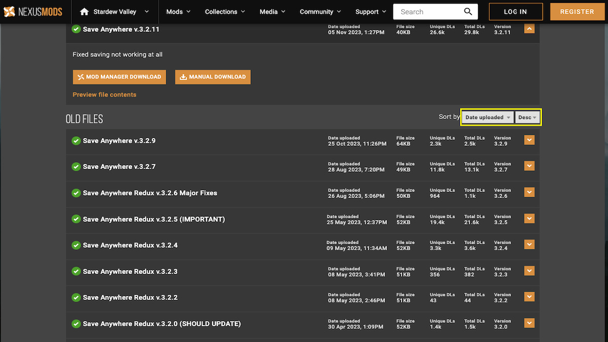 NexusMods Save Anywhere mod page with list of files available to download, sorted from Date and Descending order