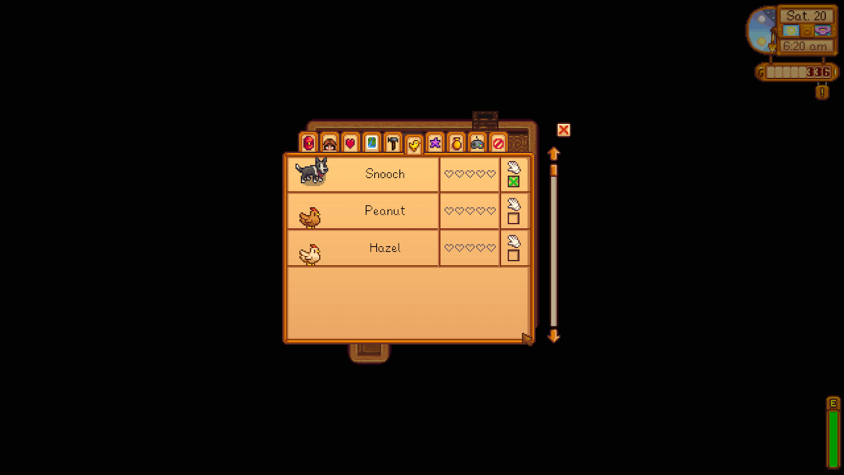 Animal tab in the the player menu with list of animals and their friendship hearts.