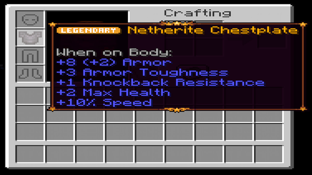 The crafting menu in the Tierify Minecraft mod, highlighting a Legendary armor piece.