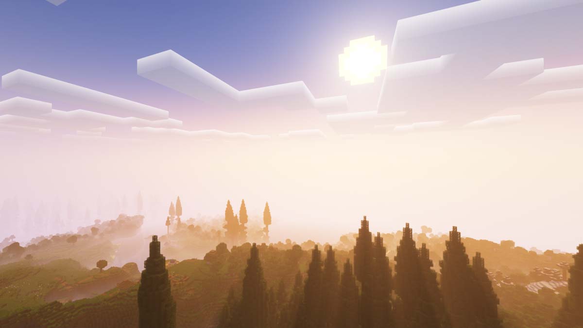 Sunset over forest in Minecraft