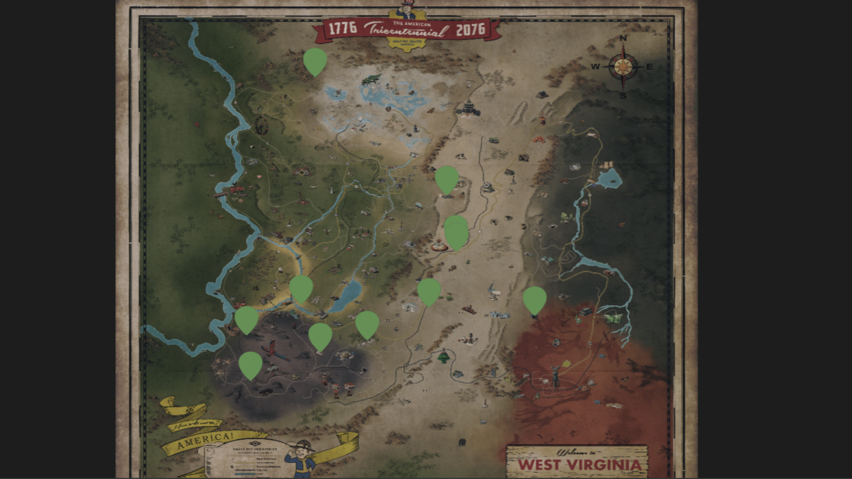 Map with Mole Miner locations in Fallout 76